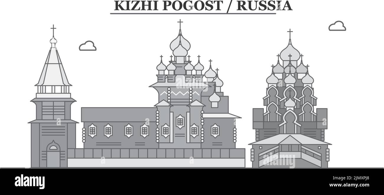 Russia, Kizhi Pogost city skyline isolated vector illustration, icons Stock Vector