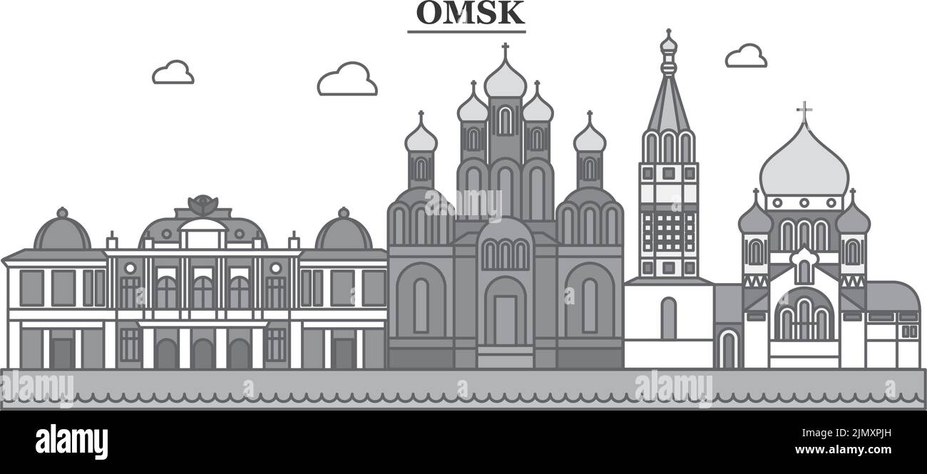 Russia, Omsk city skyline isolated vector illustration, icons Stock Vector