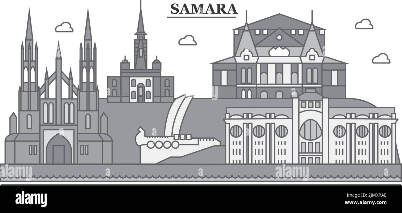 Russia, Samara city skyline isolated vector illustration, icons Stock ...