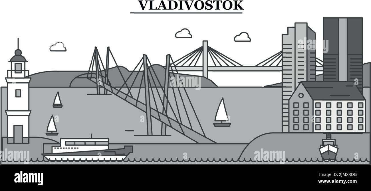 Russia, Vladivostok city skyline isolated vector illustration, icons Stock Vector