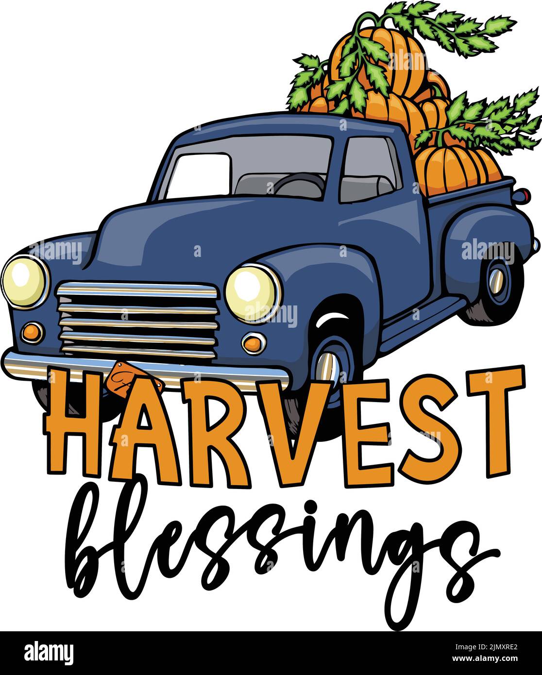 blue retro pumpkin truck with harvet blessings Stock Vector