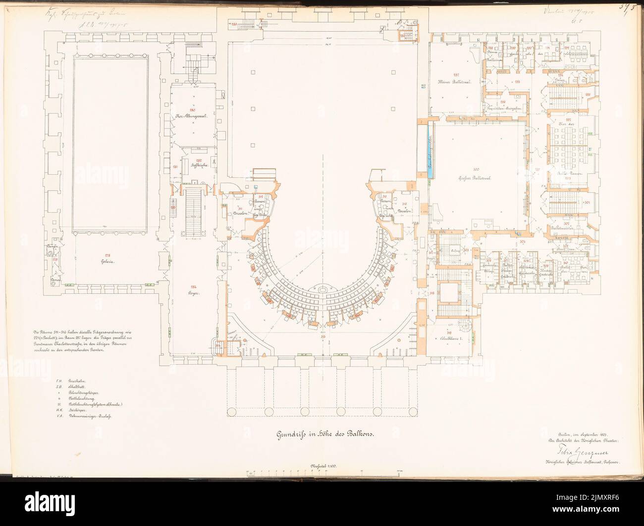 Genzmer, Felix (1856-1929), Schauspielhaus, Berlin. Conversion (1904-1905): floor plan in the amount of the balcony 1: 100. Lithograph colored on paper, 66 x 88.1 cm (including scan edges) Stock Photo