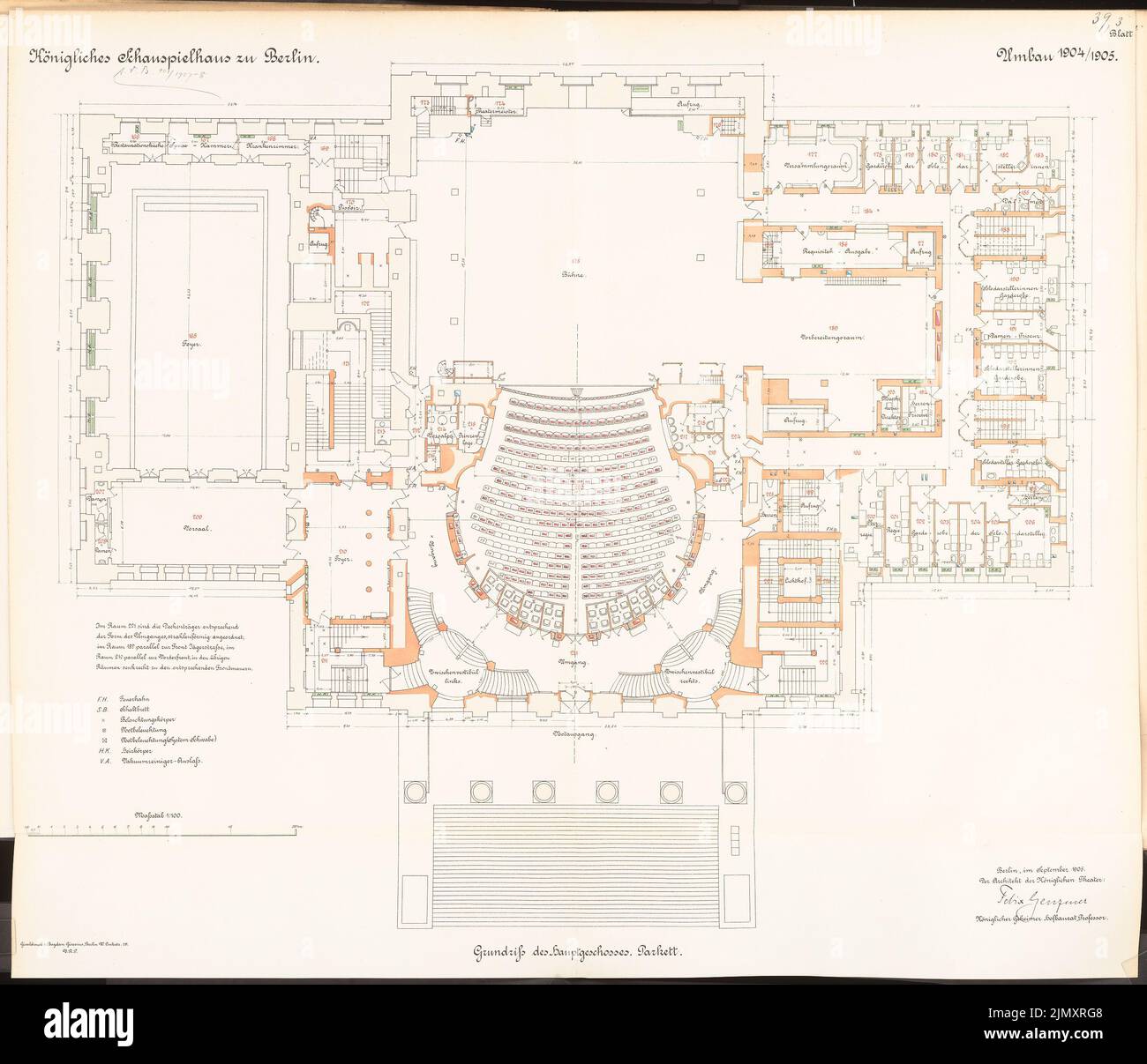 Genzmer, Felix (1856-1929), Schauspielhaus, Berlin. Conversion (1904-1905): floor plan parquet 1: 100. Lithograph colored on paper, 75.8 x 88.3 cm (including scan edges) Stock Photo