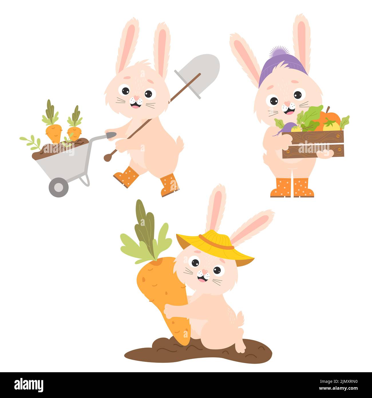 Collection of cartoon characters rabbit farmers. Cute bunny in rubber boots with crop, with garden wheelbarrow and shovel, collects carrots from garde Stock Vector