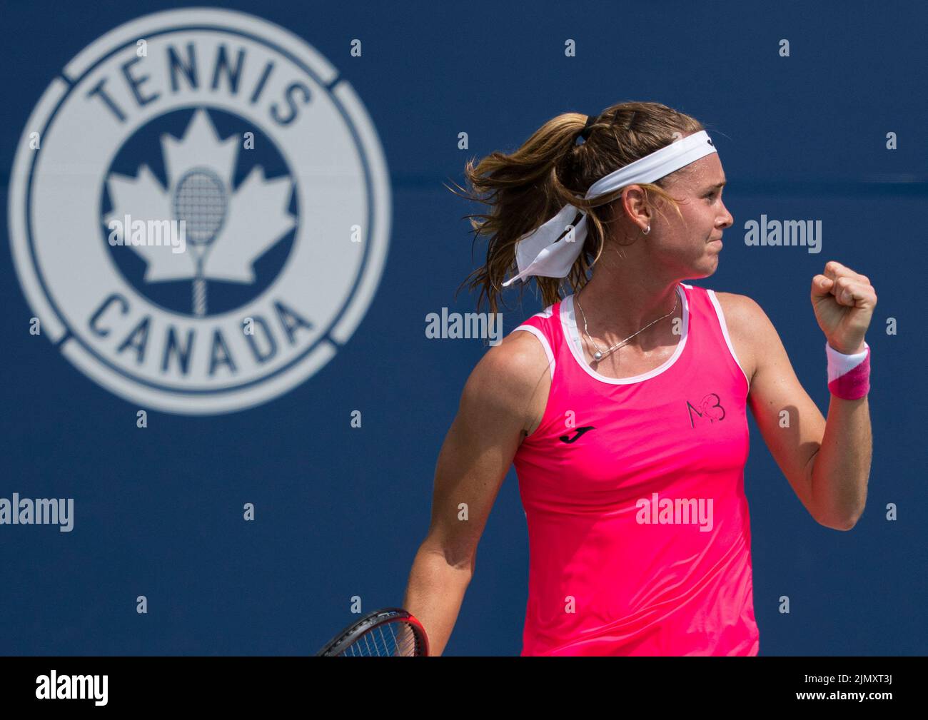 Toronto, Canada. 7th Aug, 2022. Marie Bouzkova of the Czech Republic celebrates scoring during the second round of women's singles qualifying match against Tatjana Maria of Germany at the 2022 National Bank Open in Toronto, Canada, on Aug. 7, 2022. Credit: Zou Zheng/Xinhua/Alamy Live News Stock Photo