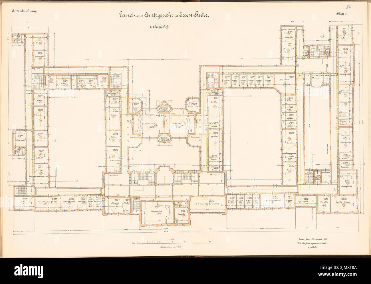 Unknown architect, district and district court in Essen (approx. 1913/1914): floor plan 1: 150. Lithograph colored on paper, 68.8 x 98.8 cm (including scan edges) Stock Photo