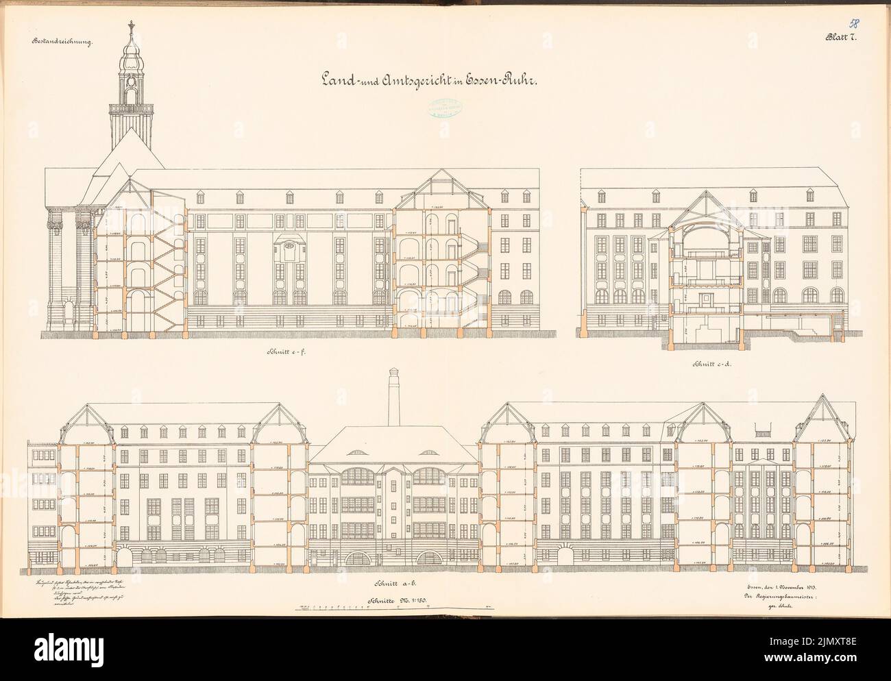 Unknown architect, district and district court in Essen (approx. 1913/1914): cuts 1: 150. Lithograph colored on paper, 68.3 x 98.2 cm (including scan edges) Stock Photo