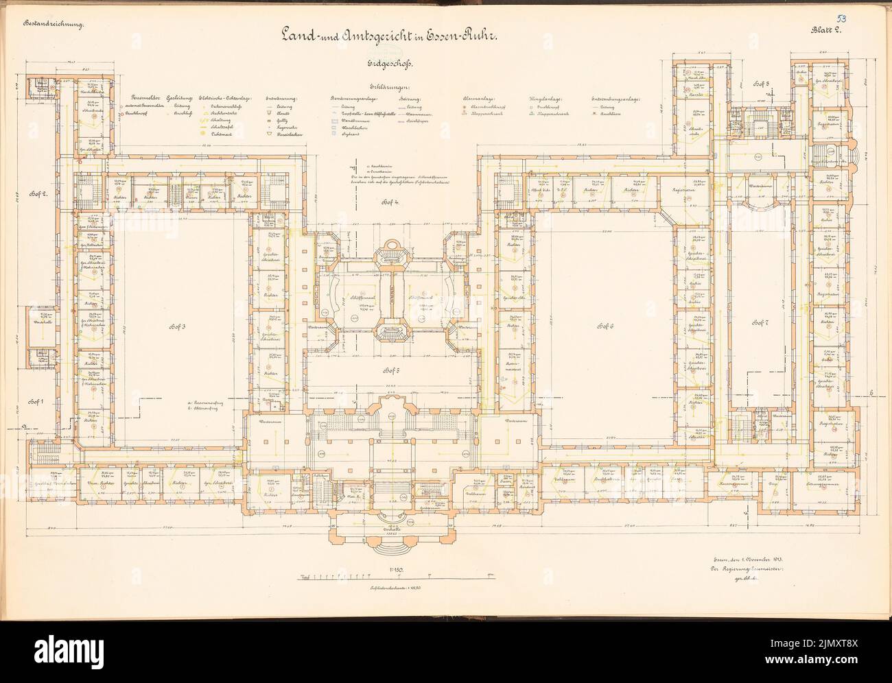 Unknown architect, district and district court in Essen (approx. 1913/1914): Grundriss eG 1: 150. Lithograph colored on paper, 68.7 x 98.6 cm (including scan edges) Stock Photo