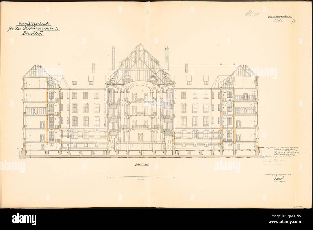 Unknown architect, Higher Regional Court, Düsseldorf (1910): Cut 1: 100. Lithograph colored on paper, 66.4 x 99.8 cm (including scan edges) Stock Photo