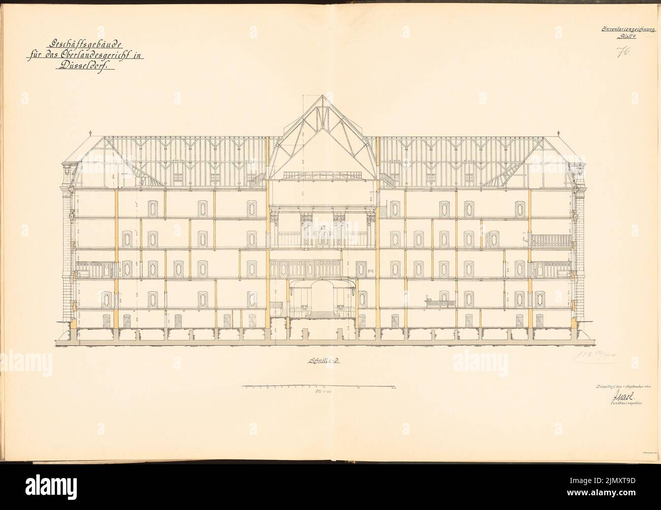 Unknown architect, Higher Regional Court, Düsseldorf (1910): Cut 1: 100. Lithograph colored on paper, 66.6 x 94.8 cm (including scan edges) Stock Photo