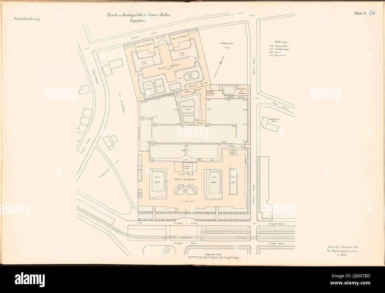 Unknown architect, district and district court in Essen (approx. 1913/1914): site plan 1: 500. Lithograph colored on paper, 68.1 x 98.4 cm (including scan edges) Stock Photo