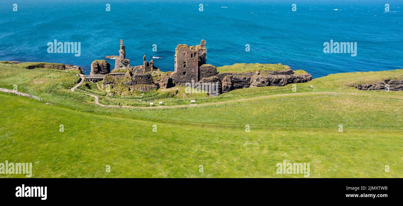 Panorama drone view of the Caithness coast and the ruins of the historic Castle Sinclair Girnigoe Stock Photo