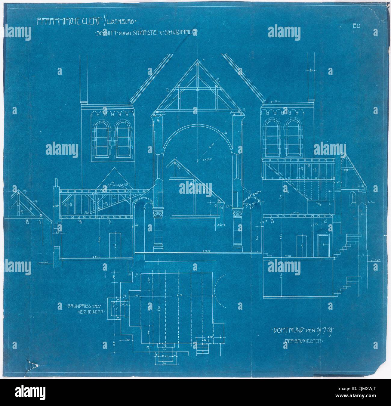 Klomp Johannes Franziskus (1865-1946), Dean's Church, Clerf (Cllervaux), Luxembourg (29.07.1909): Cut through sacristy and school room, floor plan of the heating cellar (1:50). Blueprint on paper, 63.4 x 65.5 cm (including scan edges) Stock Photo