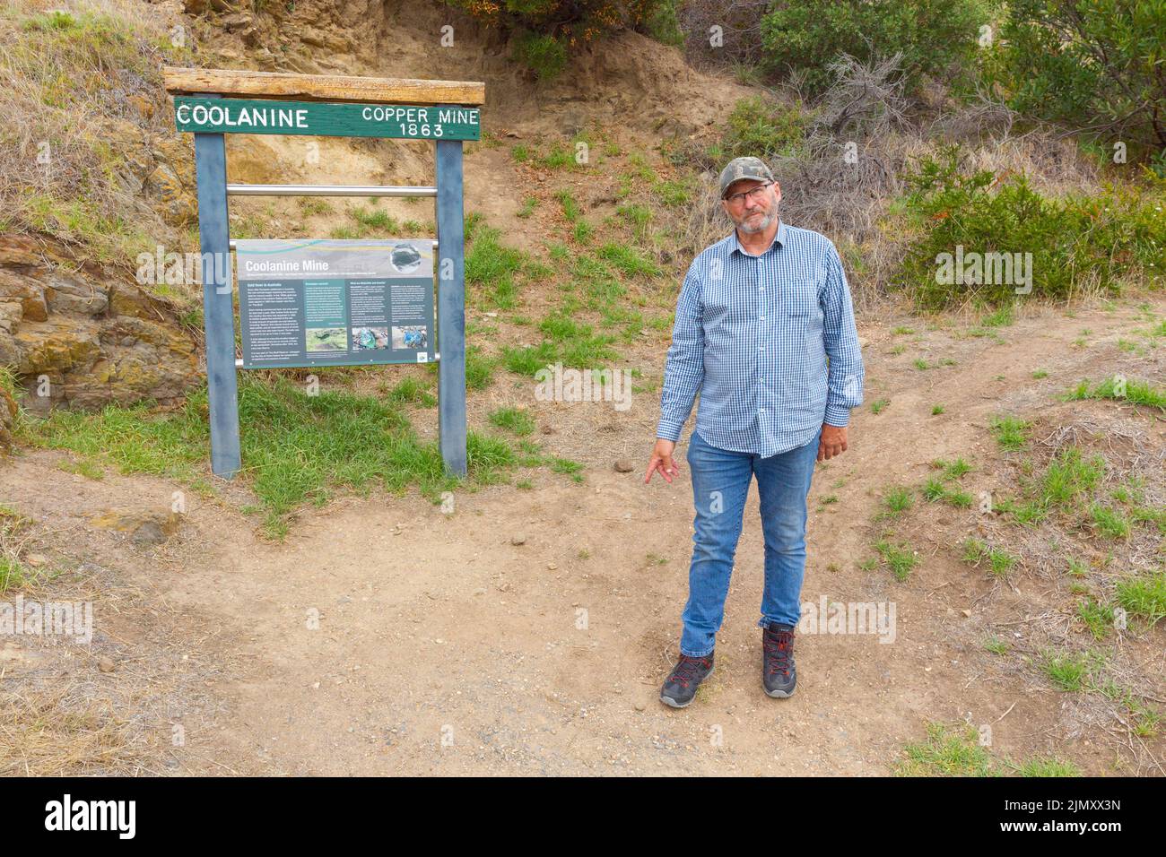 Andrew McIntyre, a resident of Adelaide in South Australia, pictured at the Rosetta Head bluff on Encounter Bay in Victor Harbor, South Australia. Stock Photo