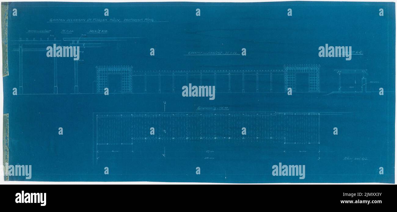 Encke Friedrich August (1861-1931), Garten Fischer, Cologne (11.1912): floor plan, views, cuts 1:50, 1:20. Blueprint on paper, 41.1 x 88.1 cm (including scan edges) Stock Photo