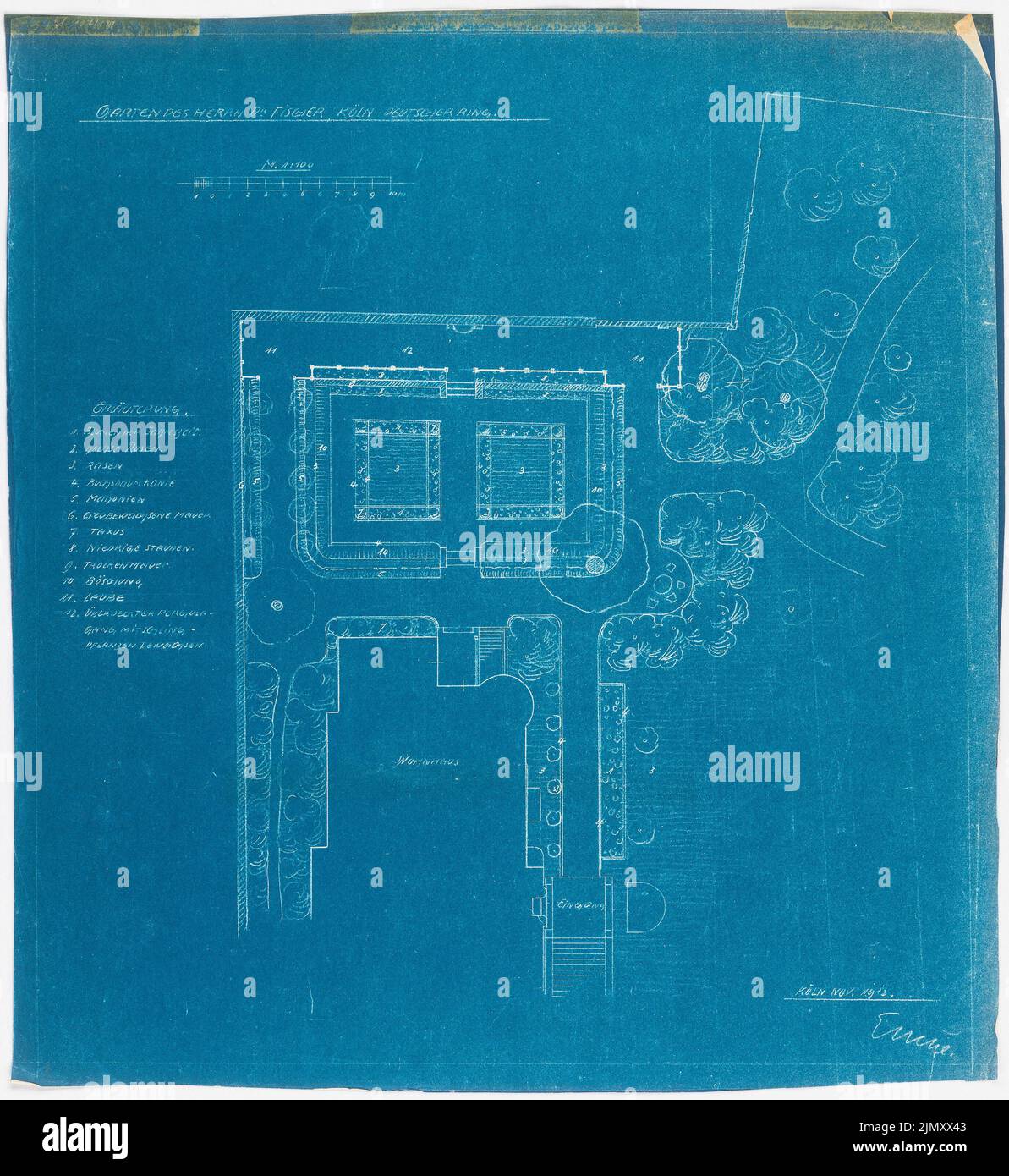 Encke Friedrich August (1861-1931), Garten Fischer, Cologne (11.1912): floor plan 1: 100. Blueprint on paper, 61.1 x 56.1 cm (including scan edges) Stock Photo