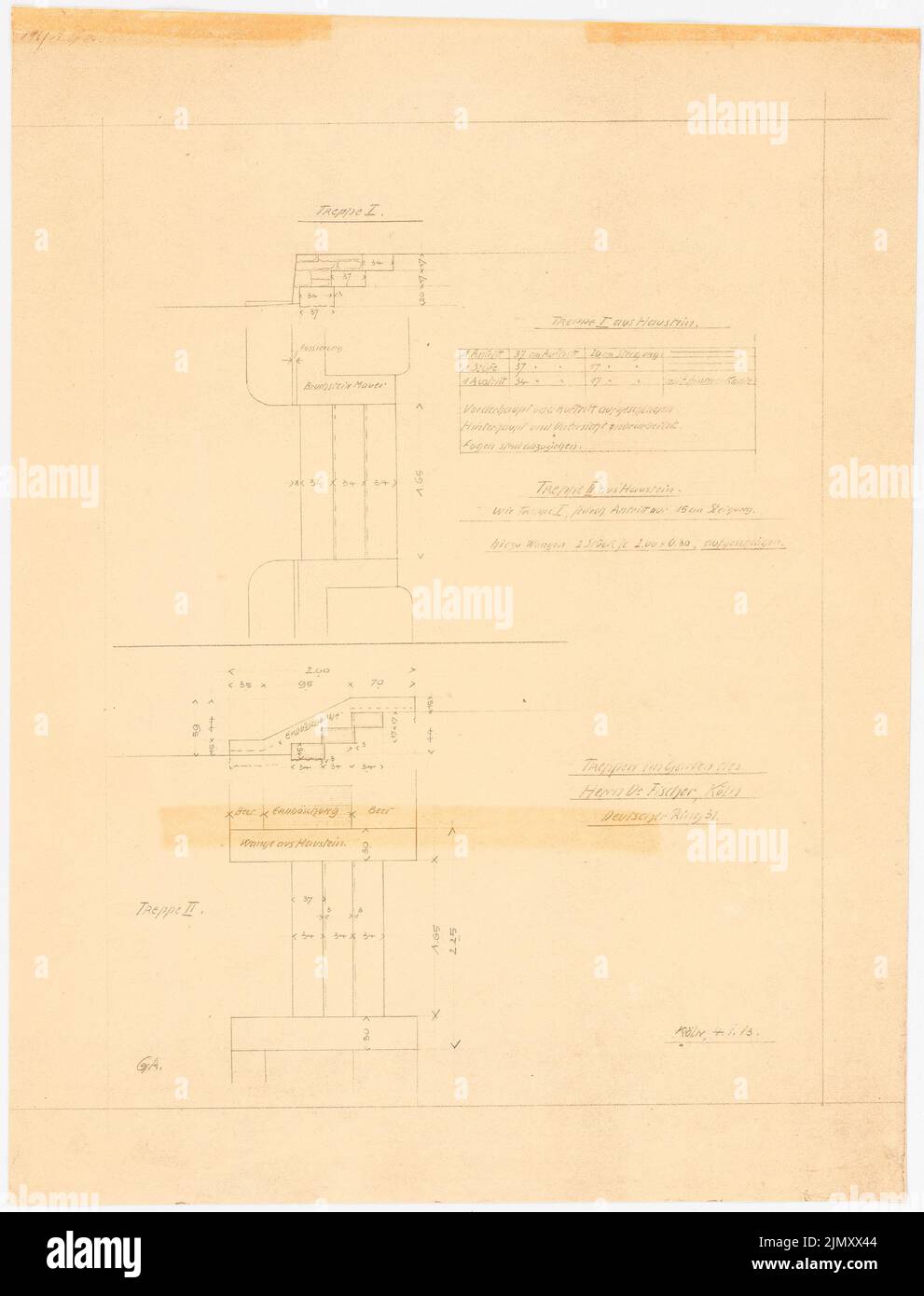 Encke Friedrich August (1861-1931), Garten Fischer, Cologne (04.01.1913): Stairs: floor plan, view. Light break on paper, 64.1 x 48.9 cm (including scan edges) Stock Photo