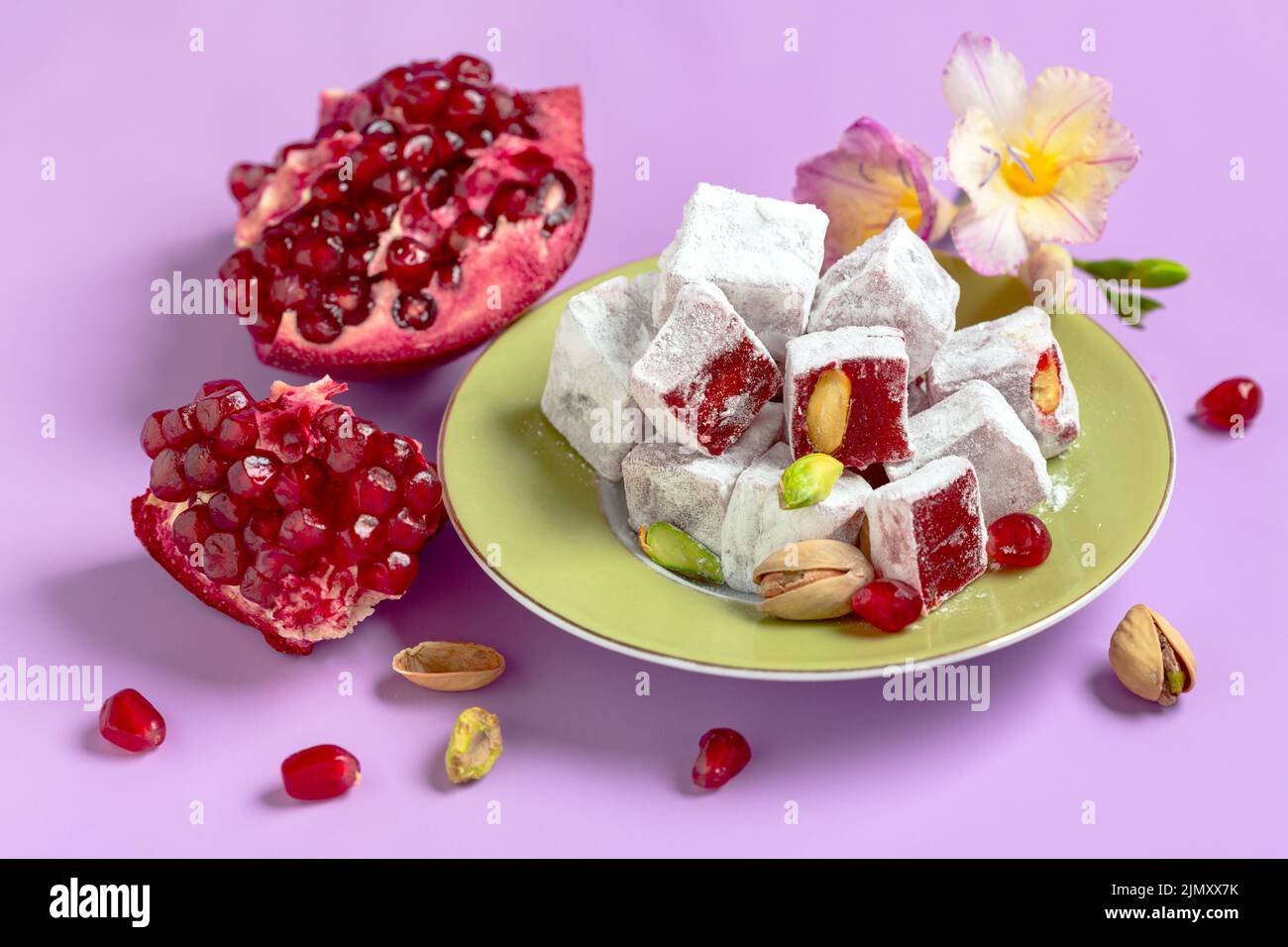 Pomegranate Turkish delight close up. Stock Photo