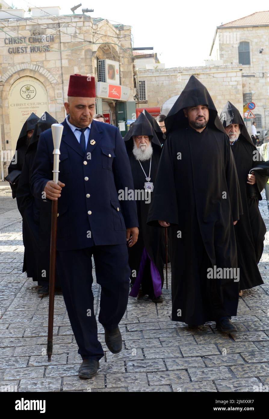The Armenian Patriarchate procession through by the citadel in the old city of Jerusalem. Stock Photo