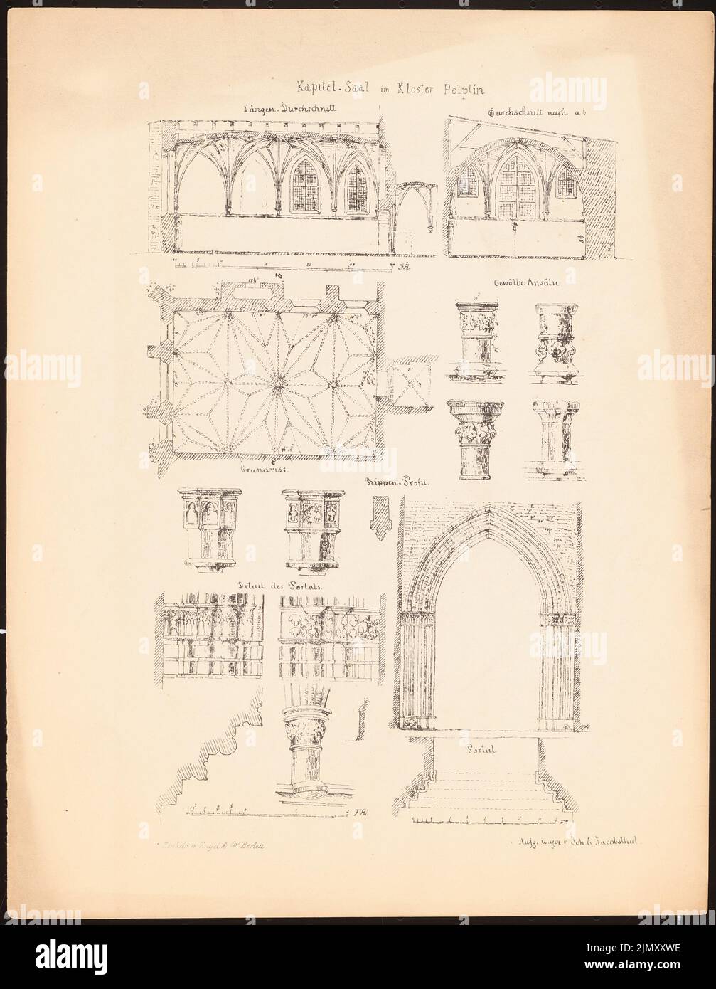Jacobsthal Johann Eduard (1839-1902), monastery church, pelplin. (From: Architect. And Techn. Travel sketches from East and West Prussia, Study Travel Arch.verein Berlin 1858) (1858-1858): Longitudinal section, floor plan, details chapter hall. Pressure on paper, 34 x 26.4 cm (including scan edges) Stock Photo