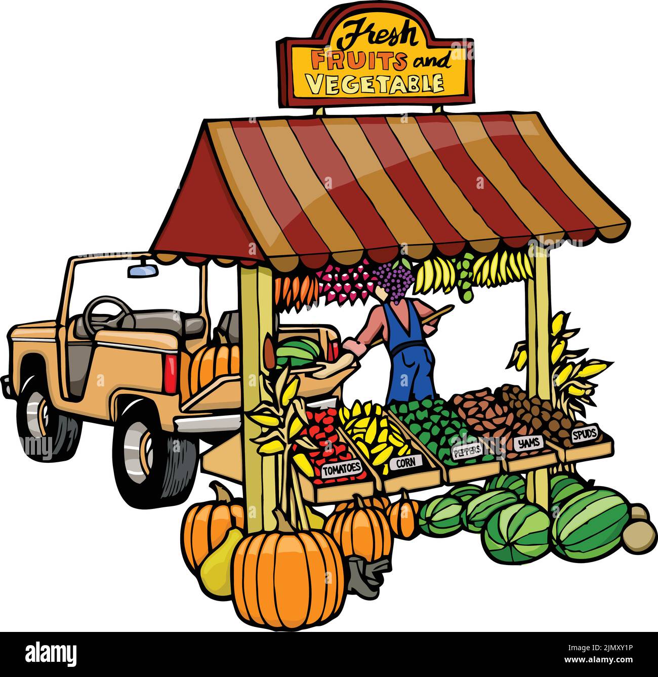 This clip art features a fruit and vegetable fruit stand with a classic