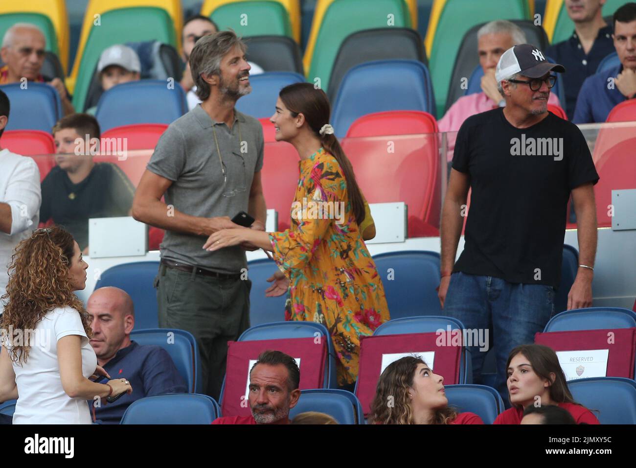 Rome, Italy. 07th Aug, 2022. Rome, Italy 07.08.2022: Kim Rossi Stuart, Ilaria Spada, Nicola Fabi on the stand during the Pre-Season Friendly 2022/2023 match between AS Roma vs Shakhtar Donetsk at the Olimpic Stadium in Rome on 07 August 2022. Credit: Independent Photo Agency/Alamy Live News Stock Photo