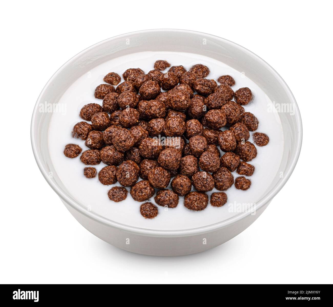 Chocolate corn balls with milk isolated on white background Stock Photo