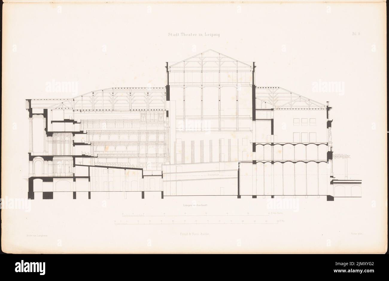 Langhans Carl Ferdinand (1782-1869), the city theater in Leipzig, Berlin 1870 (1870-1870): Longitudinal section. Stitch on paper, 29.7 x 45.5 cm (including scan edges) Stock Photo