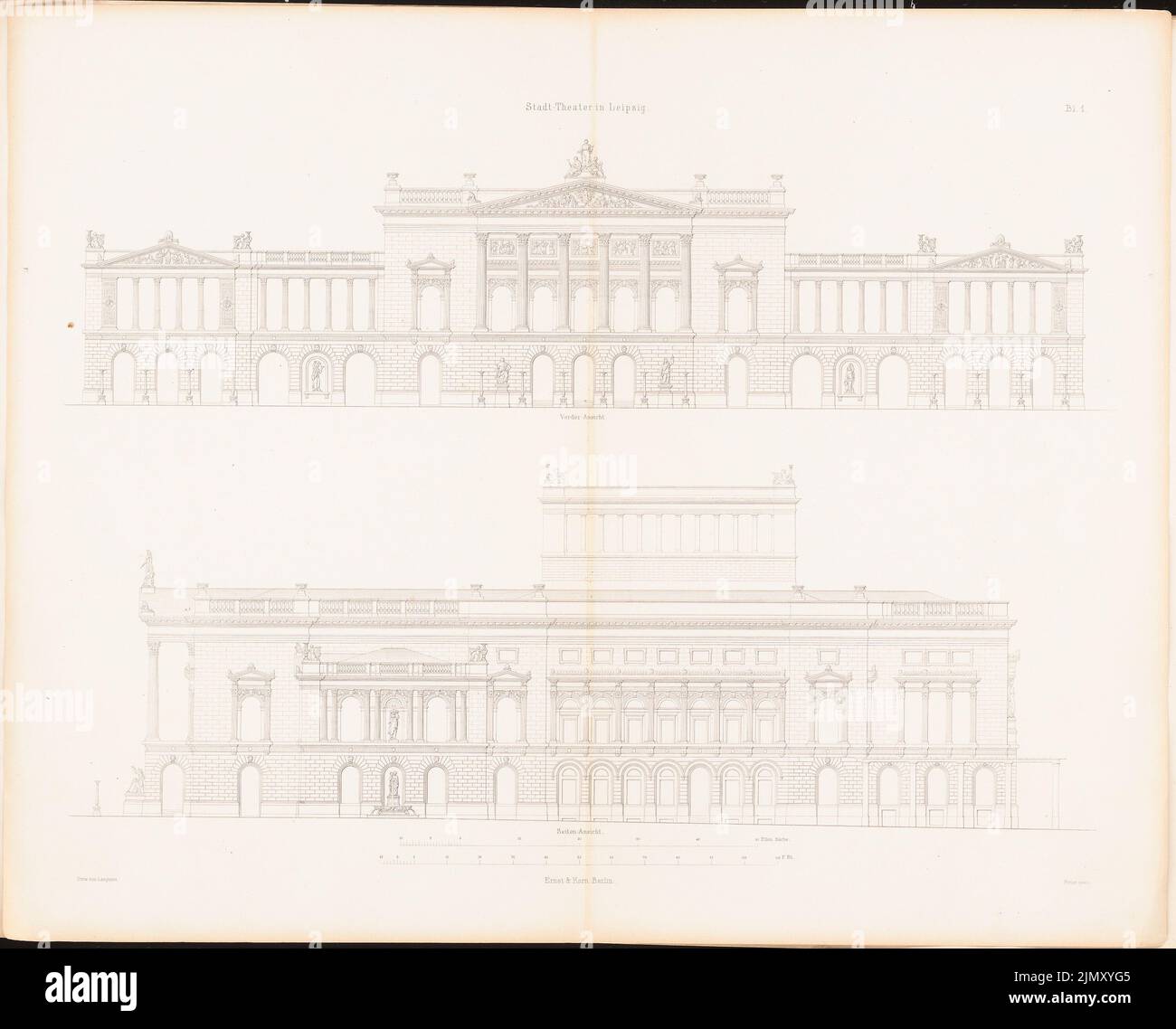 Langhans Carl Ferdinand (1782-1869), the city theater in Leipzig, Berlin 1870 (1870-1870): View from the front, side view. Stitch on paper, 45.6 x 56.5 cm (including scan edges) Stock Photo
