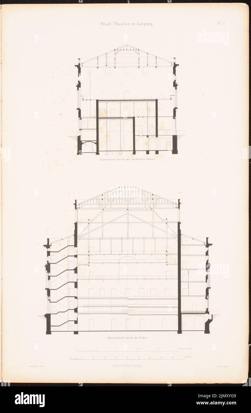 Langhans Carl Ferdinand (1782-1869), the city theater in Leipzig, Berlin 1870 (1870-1870): cross sections. Stitch on paper, 45.8 x 29.9 cm (including scan edges) Stock Photo