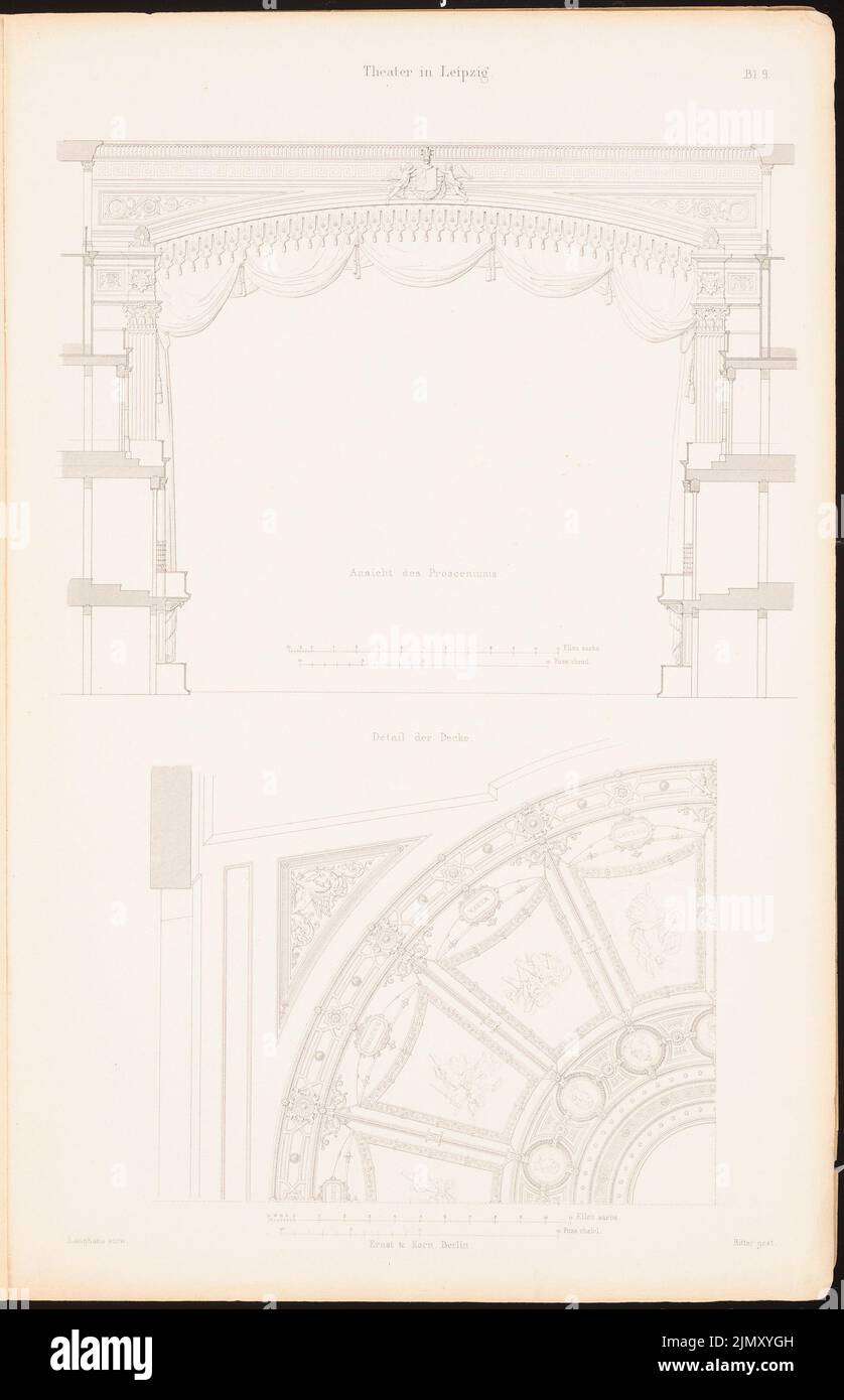 Langhans Carl Ferdinand (1782-1869), the city theater in Leipzig, Berlin 1870 (1870-1870): Details ceiling, stage. Stitch on paper, 45.7 x 29.5 cm (including scan edges) Stock Photo