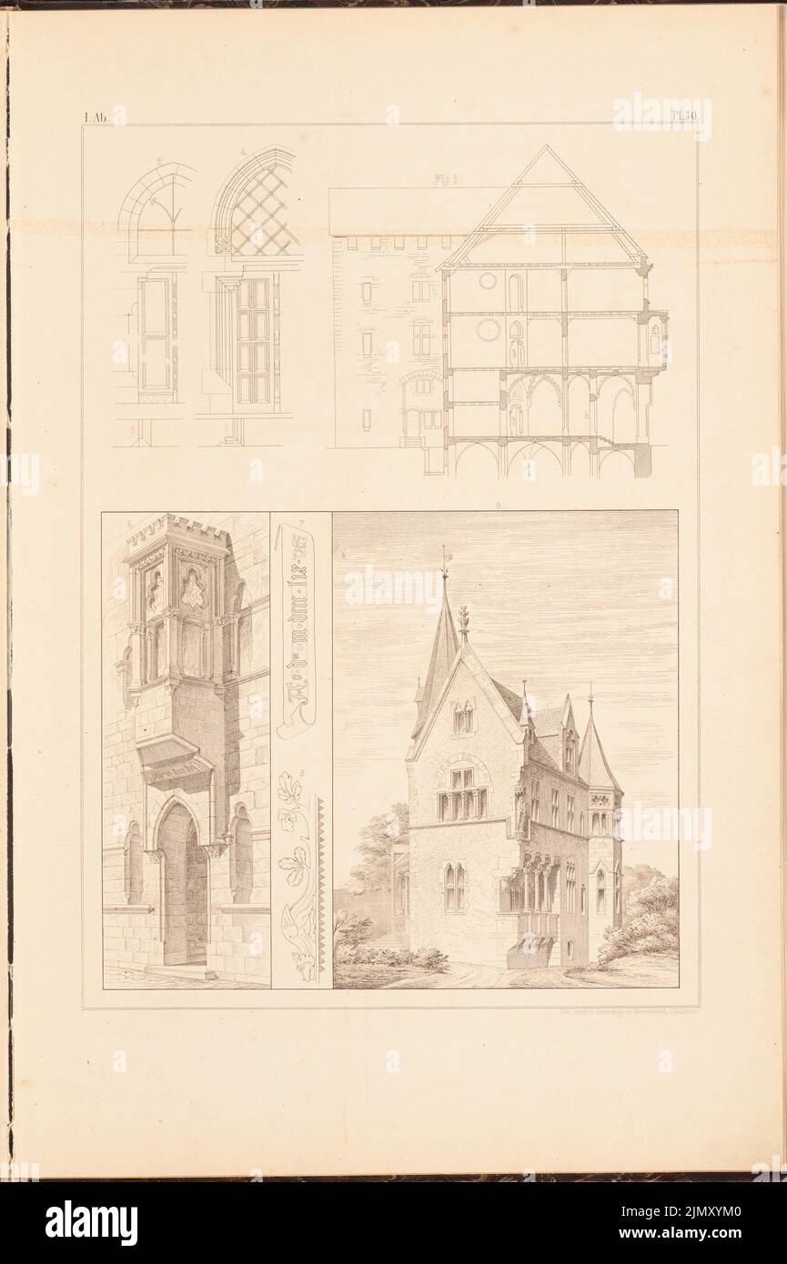 Sterior Gottlob (1820-1864), residential building. Country house. (From: designs to town and country houses, 2nd ed., Glogau.) (Without Dat.): Cross-section, details house, perspective view, detail country house. Lithograph on paper, 46.1 x 30.7 cm (including scan edges) Stock Photo