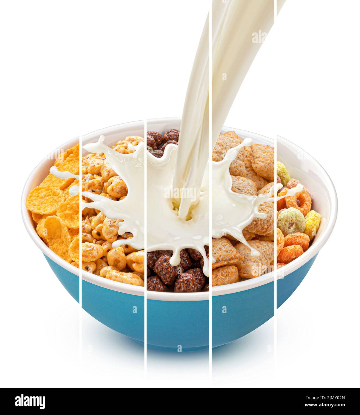 Cereal breakfast collage, granola and corn flakes with pouring milk