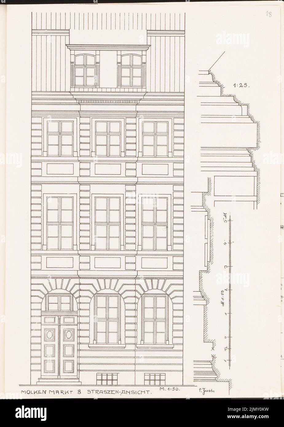 Just P., residential building on Molkenmarkt 8, Berlin. (From: Architecton. Sketches from Alt-Berlin, ed. Akad. Architects Association, H.28, Berlin 1904.) (1904-1904): View from the street side, facade cut vertical. Light pressure on paper, 33.9 x 24.1 cm (including scan edges) Stock Photo
