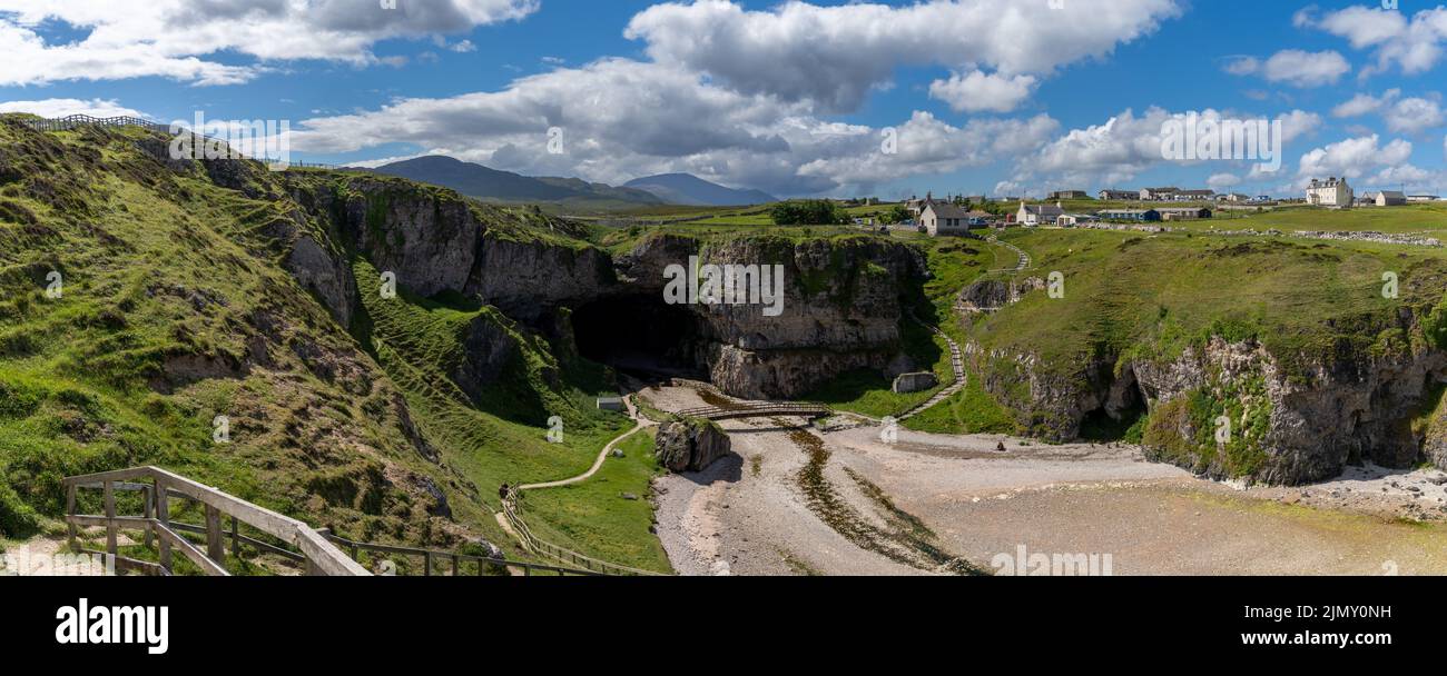 A panorama view of the landmark Smoo Cave on the coast of the northwestern Scottish Higlands Stock Photo