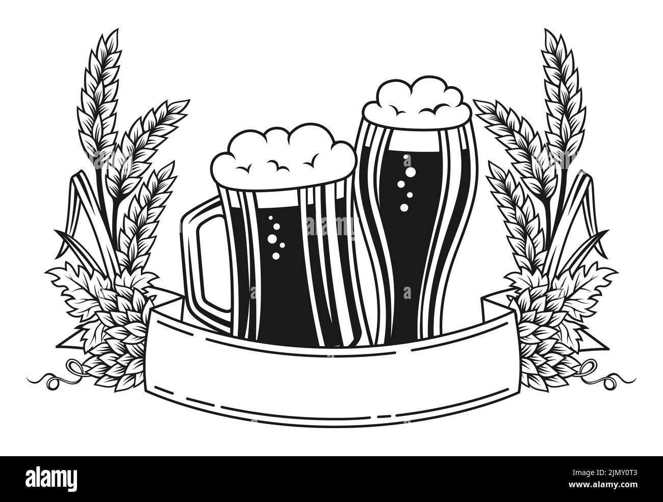 Beer festival advertisement poster, Oktoberfest template. Monochrome engraving design banner glass cup, wheat ear hop, ribbon. Alcohol bar background, brewing emblem, vintage label lager ale beverage Stock Vector