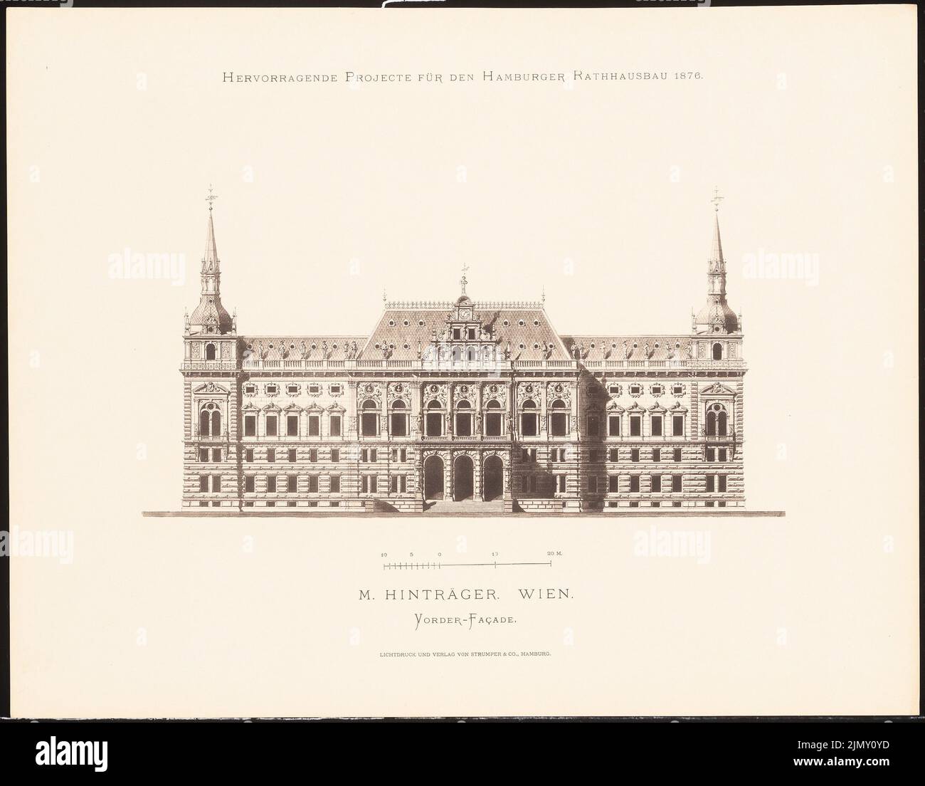 Hinbär M., excellent projects for the Hamburg town hall construction in 1876 (1876-1876): View from the front. Light pressure on paper, 35.2 x 45.1 cm (including scan edges) Stock Photo