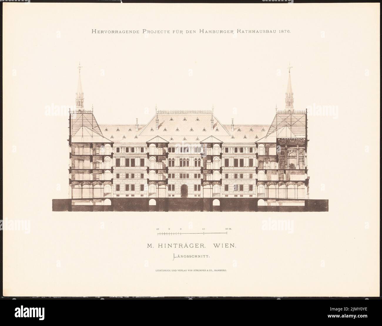 Haves M., excellent projects for the Hamburg town hall construction in 1876 (1876-1876): Longitudinal section. Light pressure on paper, 35.3 x 44.9 cm (including scan edges) Stock Photo