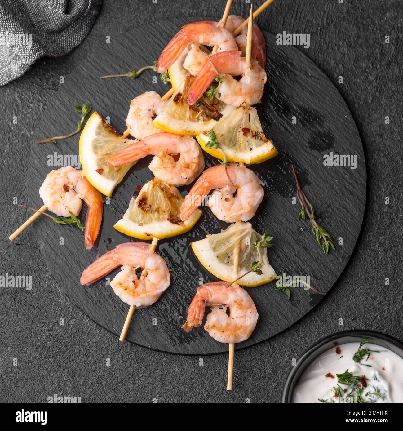 Seafood shrimp skewers plate Stock Photo