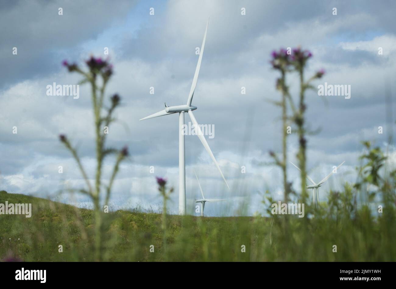 File photo dated 09/07/15 of wind turbines. Wind energy has provided 34% of Ireland's energy so far this year, on the back of record figures in recent months, a new report shows. The latest figures from Wind Energy Ireland found it accounted for 21% of all of the country's power last month. Issue date: Monday August 8, 2022. Stock Photo