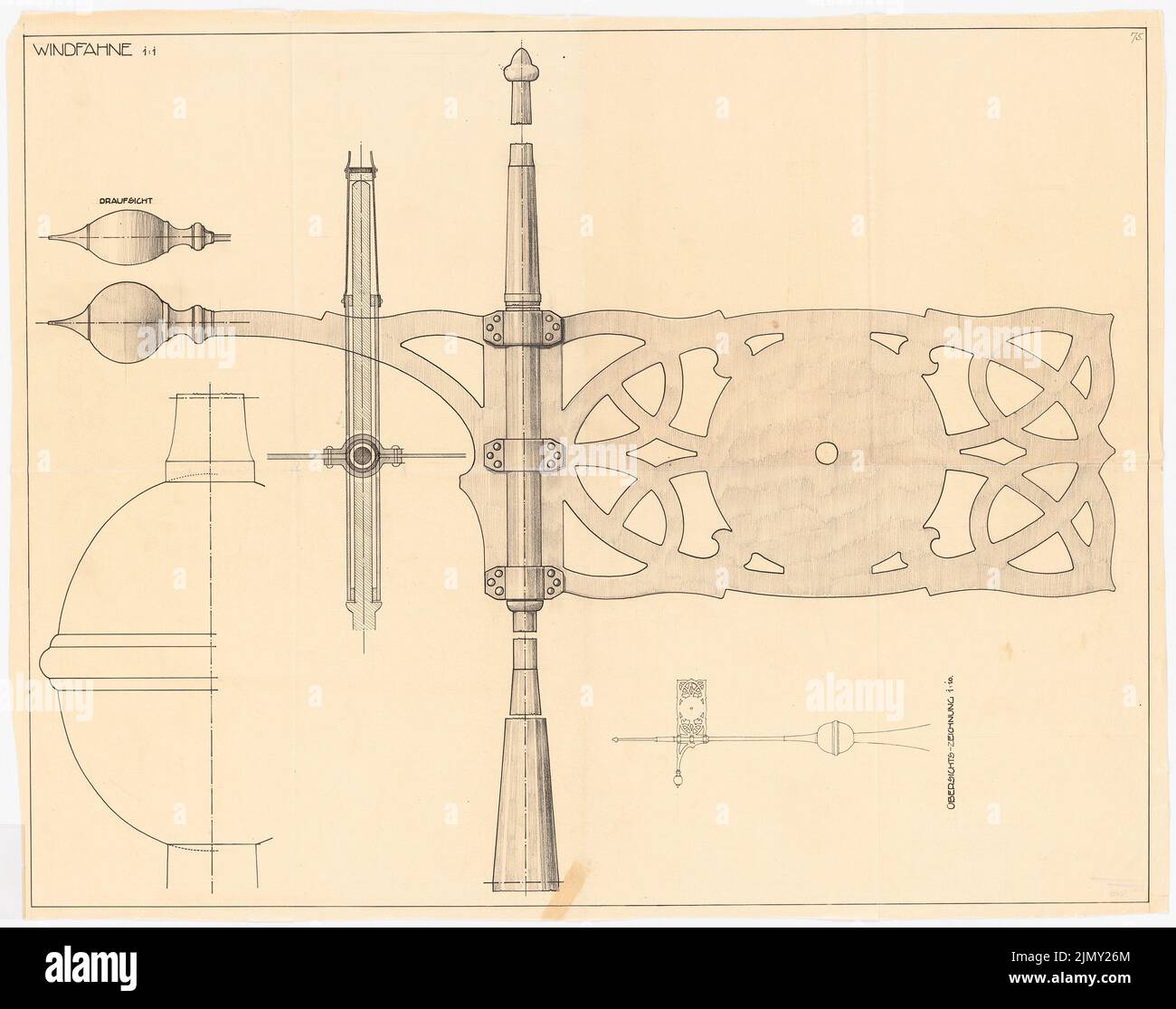 Rüster Emil (1883-1949), wind vane (approx. 1905-1909): Overview drawing 1:10, view and cuts 1: 1. Ink and pencil on transparent, 83.3 x 105.6 cm (including scan edges) Stock Photo