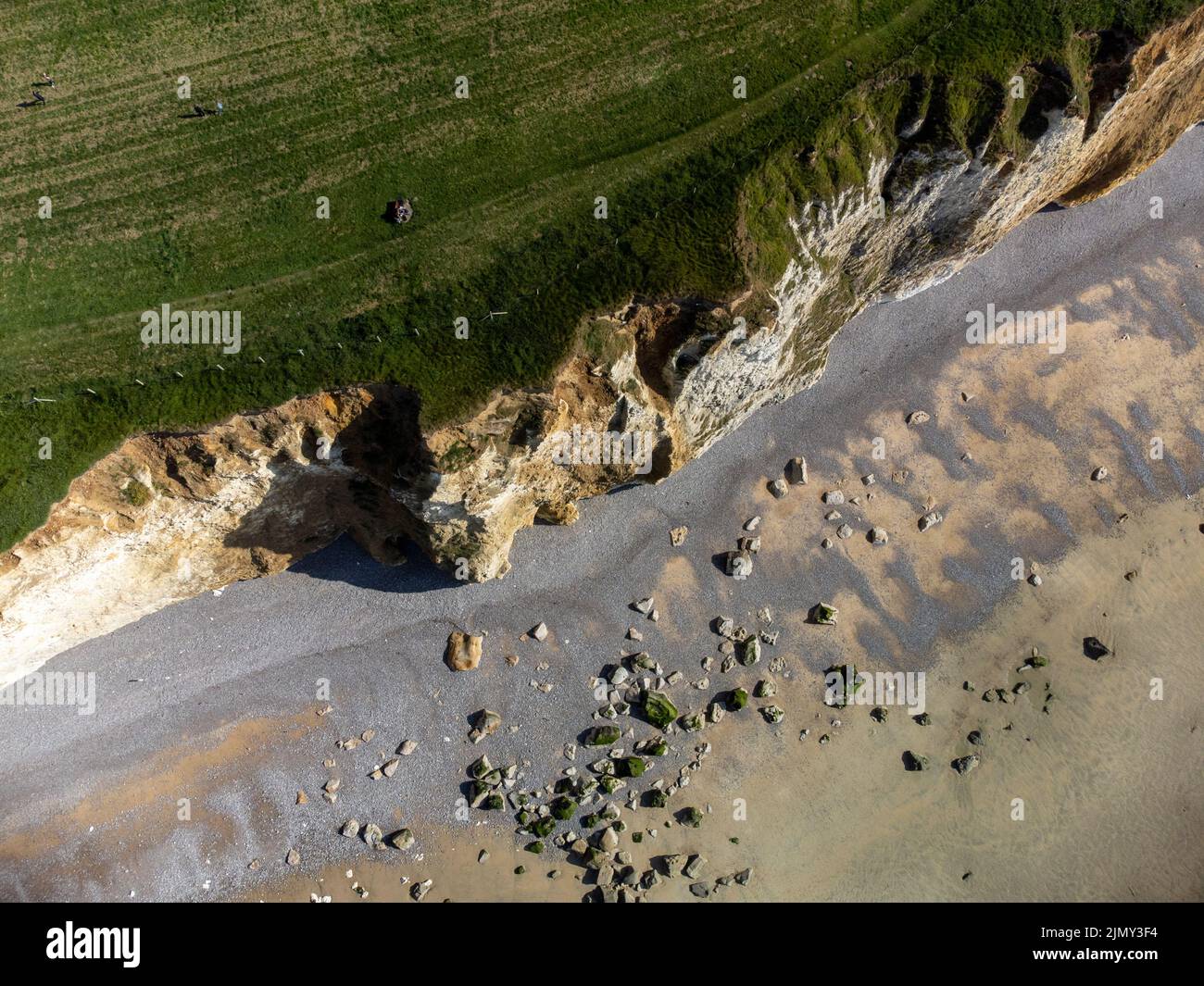 Aerial view on white halk cliffs, green fields of Pays de Caux and ...