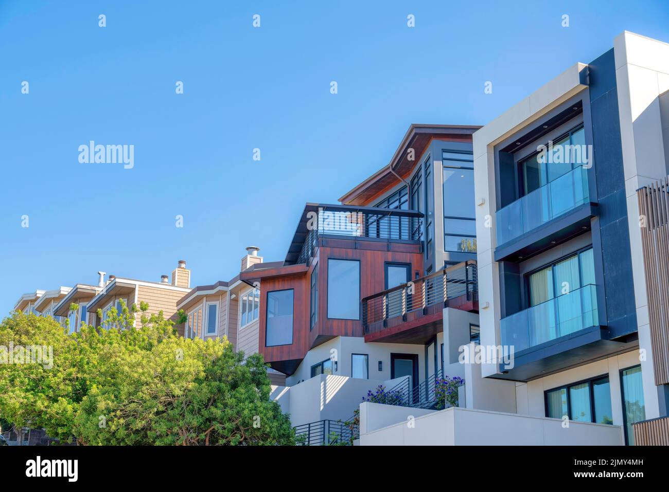 Modern and traditional townhouses in a sloped suburbs of San Francisco ...