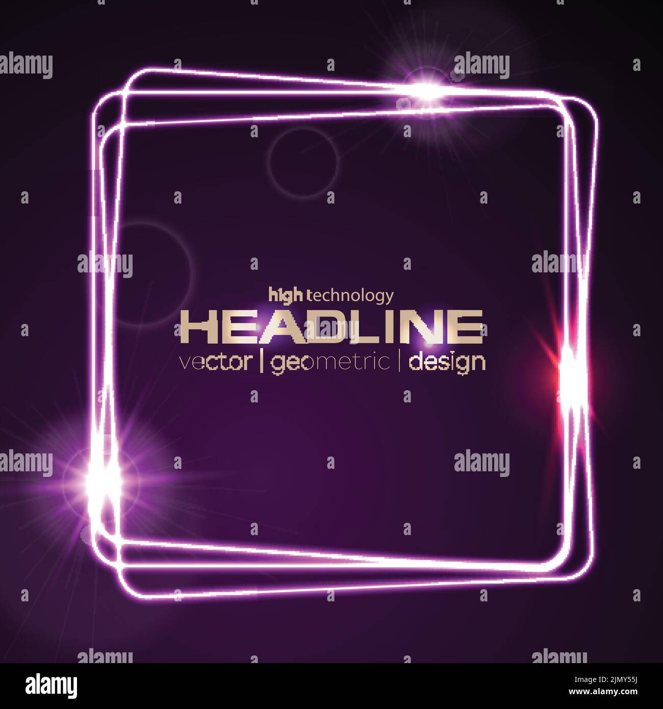 Glowing violet neon square shiny background. Energy luminous effect logo vector template design Stock Vector