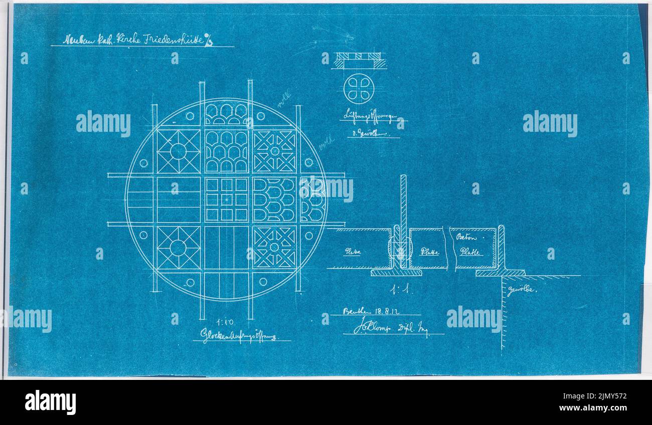 Klomp Johannes Franziskus (1865-1946), Paulus Church and rectory, Nowy Bytom (formerly Friedenshütte) (18.08.1912): Bell opening and ventilation opening 1:10 and detail 1: 1. Blueprint on paper, 37 x 63.3 cm (including scan edges) Stock Photo