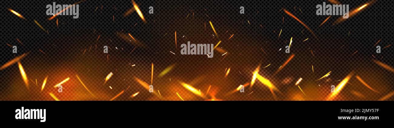 Fire sparks realistic image on transparent background. Vector illustration of flame tongues, particles and smoke rising in air. Warm orange light from cozy fireplace, home heating. Ritual of burning Stock Vector