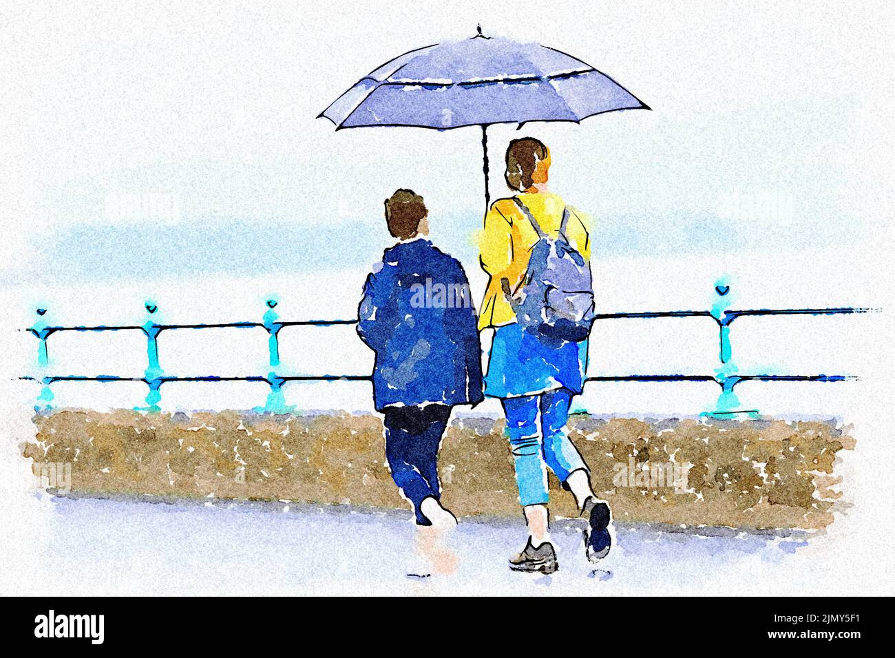 Mother and daughter with umbrella during British wet summer Stock Photo