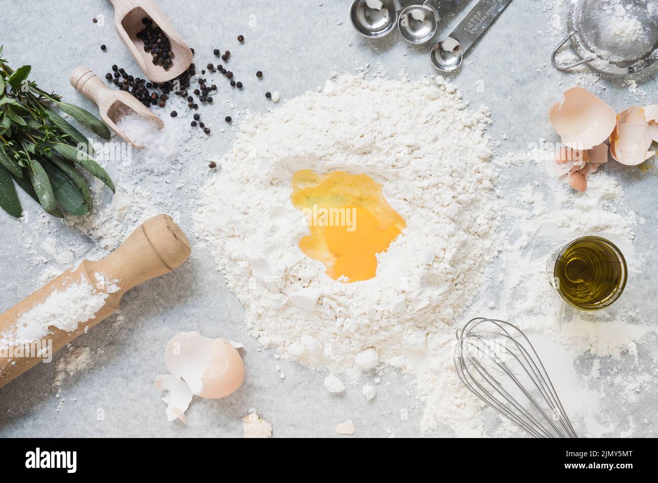 Ingredients making dough bread cake marble top Stock Photo