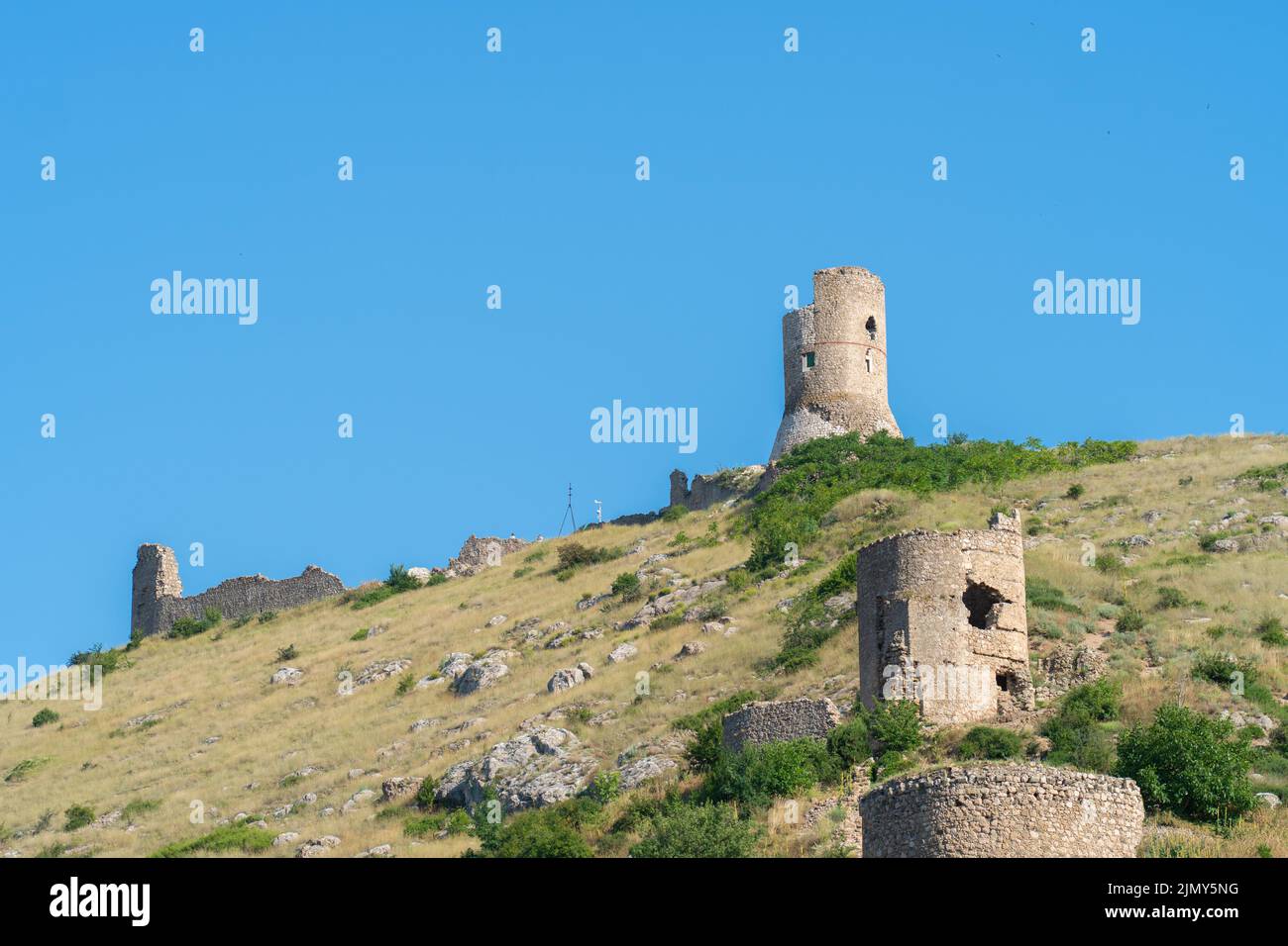 Crimea fortress balaklava flying cembalo bay balaclava mountain port sea, for shore summer from travel and architecture building, coast seascape Stock Photo