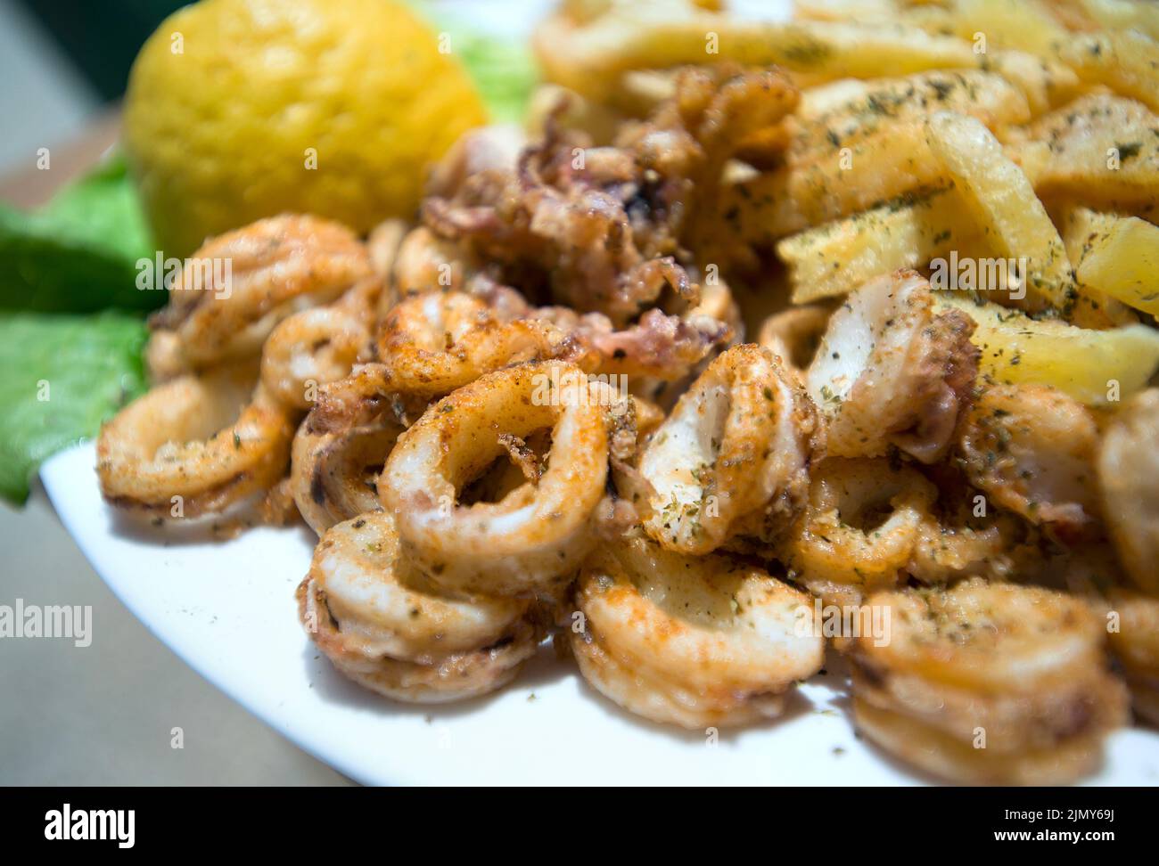 Fried Calamari, Corfu, Ionian islands, Greece Stock Photo
